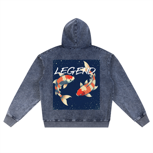 Unisex "Legend Koi" Snow Wash Oversized Zip-Up Hoodie
