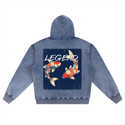 Unisex "Legend Koi" Snow Wash Oversized Zip-Up Hoodie