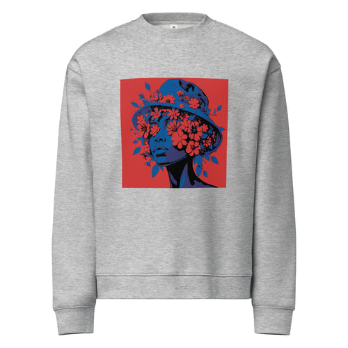 Orysha Bloom Vision women’s crewneck sweatshirt with floral portrait graphic on heather gray fabric