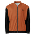 Two-tone Orysha Ember Bomber Jacket featuring orange body, black sleeves, soft brushed fleece interior, and YKK zipper.