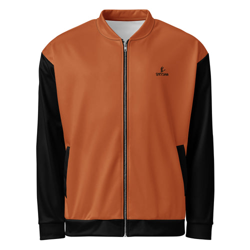 Two-tone Orysha Ember Bomber Jacket featuring orange body, black sleeves, soft brushed fleece interior, and YKK zipper.