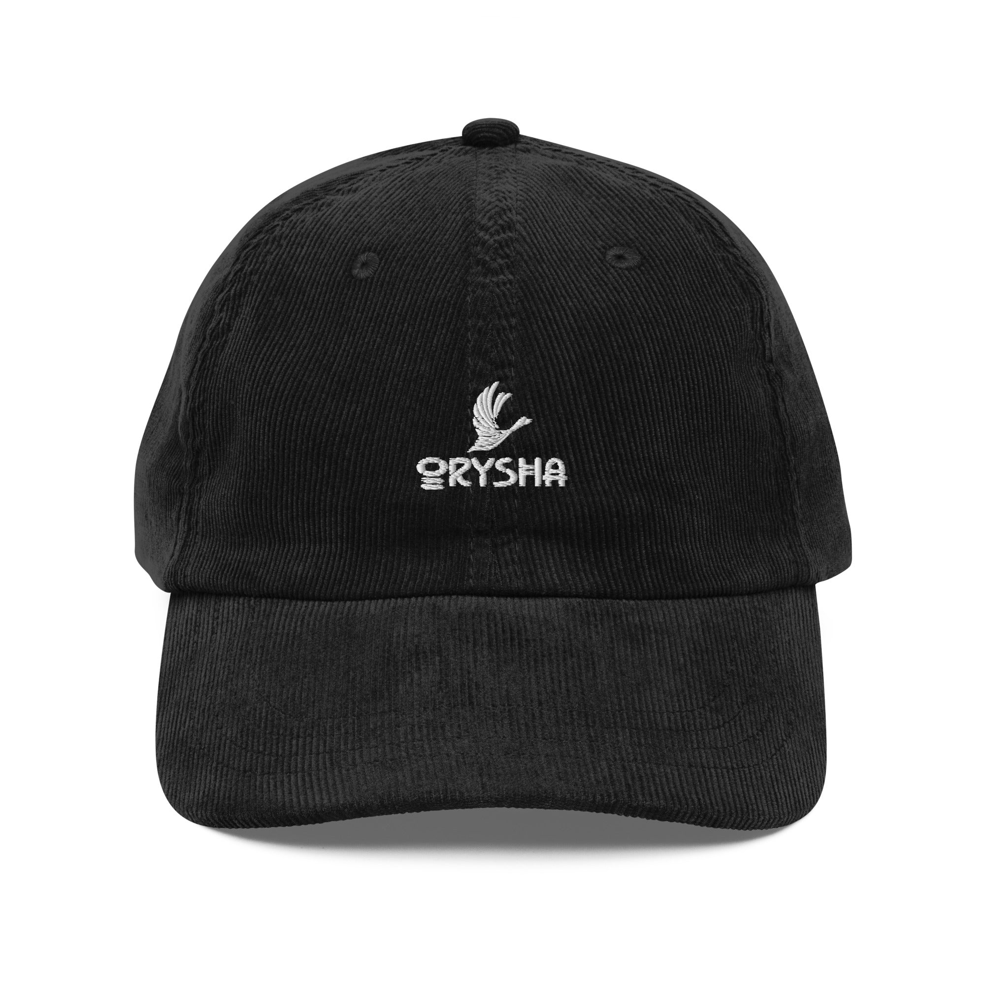 Black corduroy vintage cap with embroidered Orysha logo on the front.