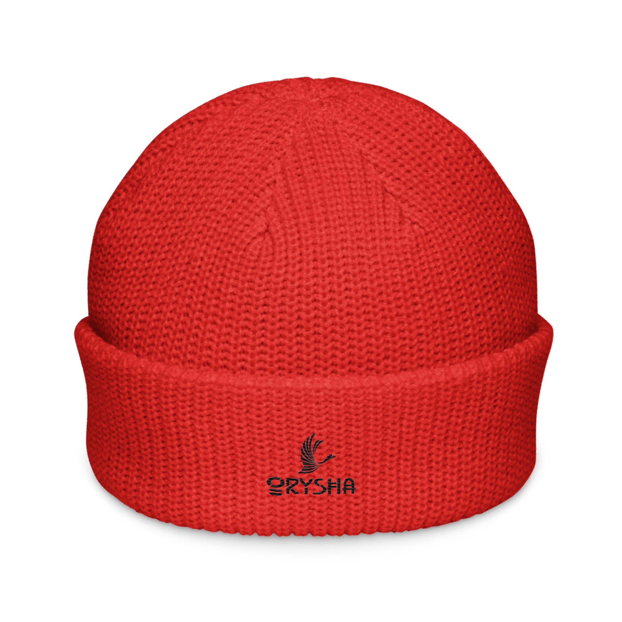 Orysha Essential Logo Fisherman Beanie featuring embroidered logo, thick ribbed knit texture, and classic fisherman-style silhouette.