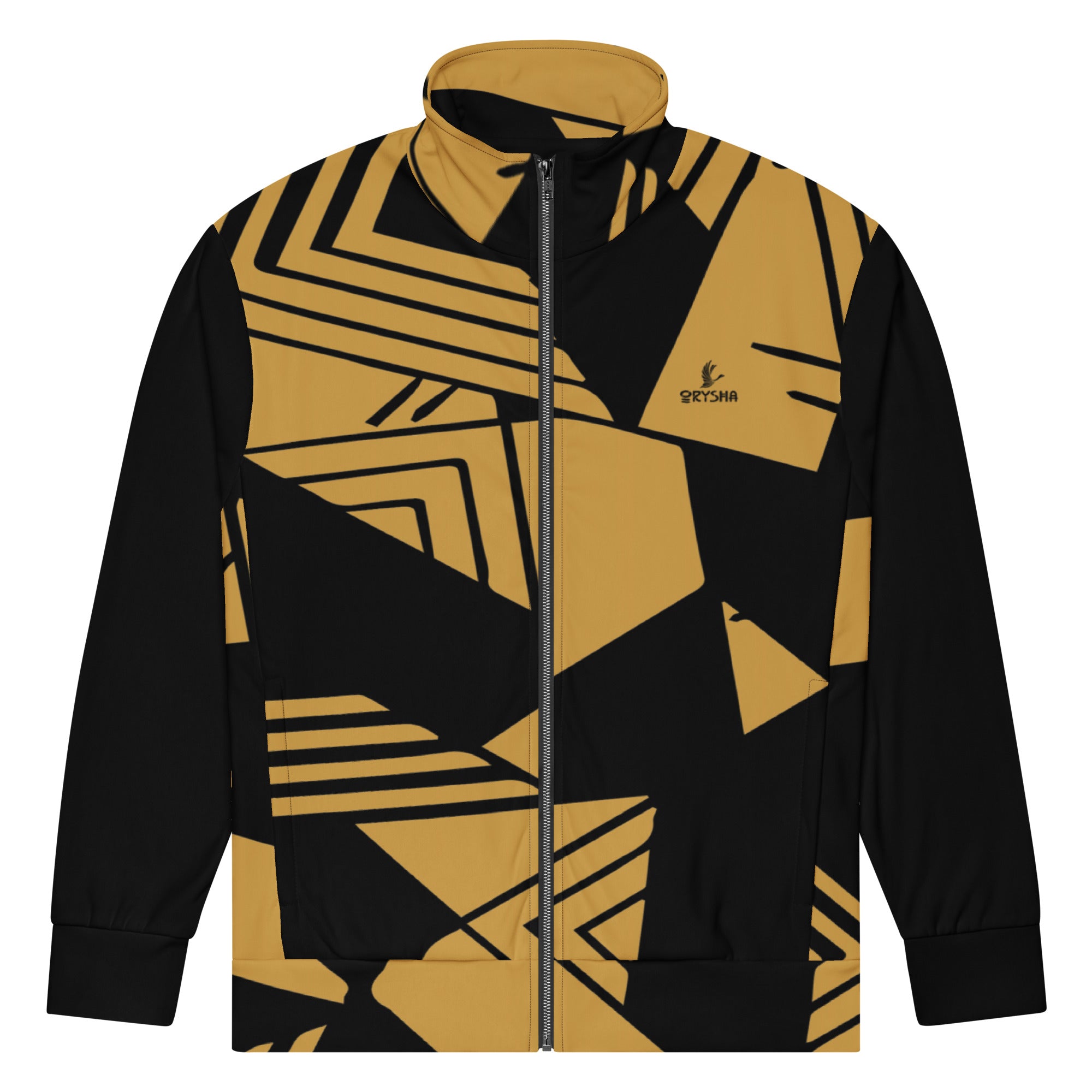 Black and gold Orysha track jacket with bold geometric pattern, brushed fleece interior, and full zipper.