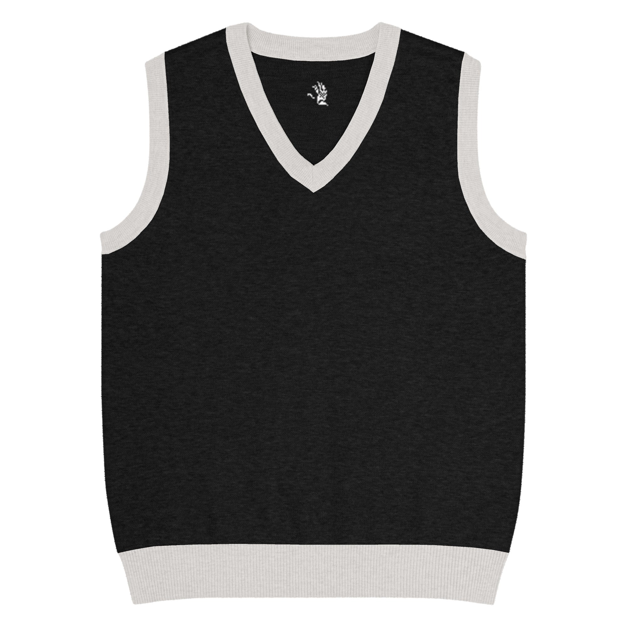 Black sleeveless sweater vest with white trim on a white background