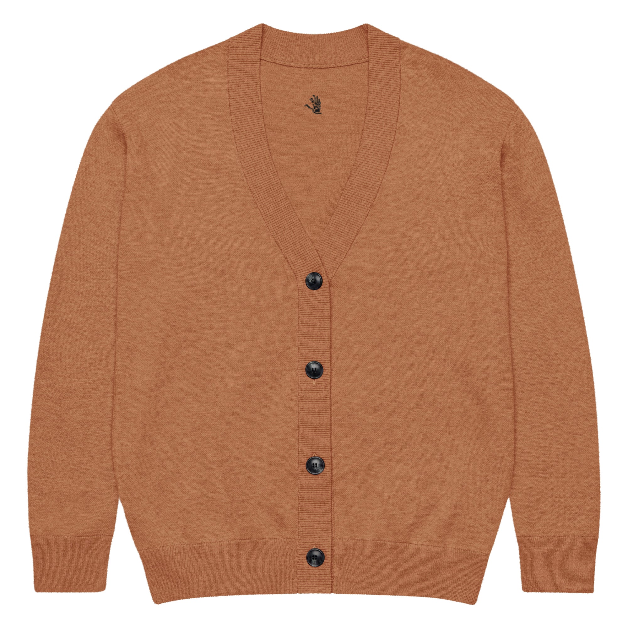 Orysha men’s brown knitted cardigan with embroidered logo, button closure, and lightweight jacquard knit texture.