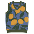 Blue knit V-neck vest with lemon pattern and green trim