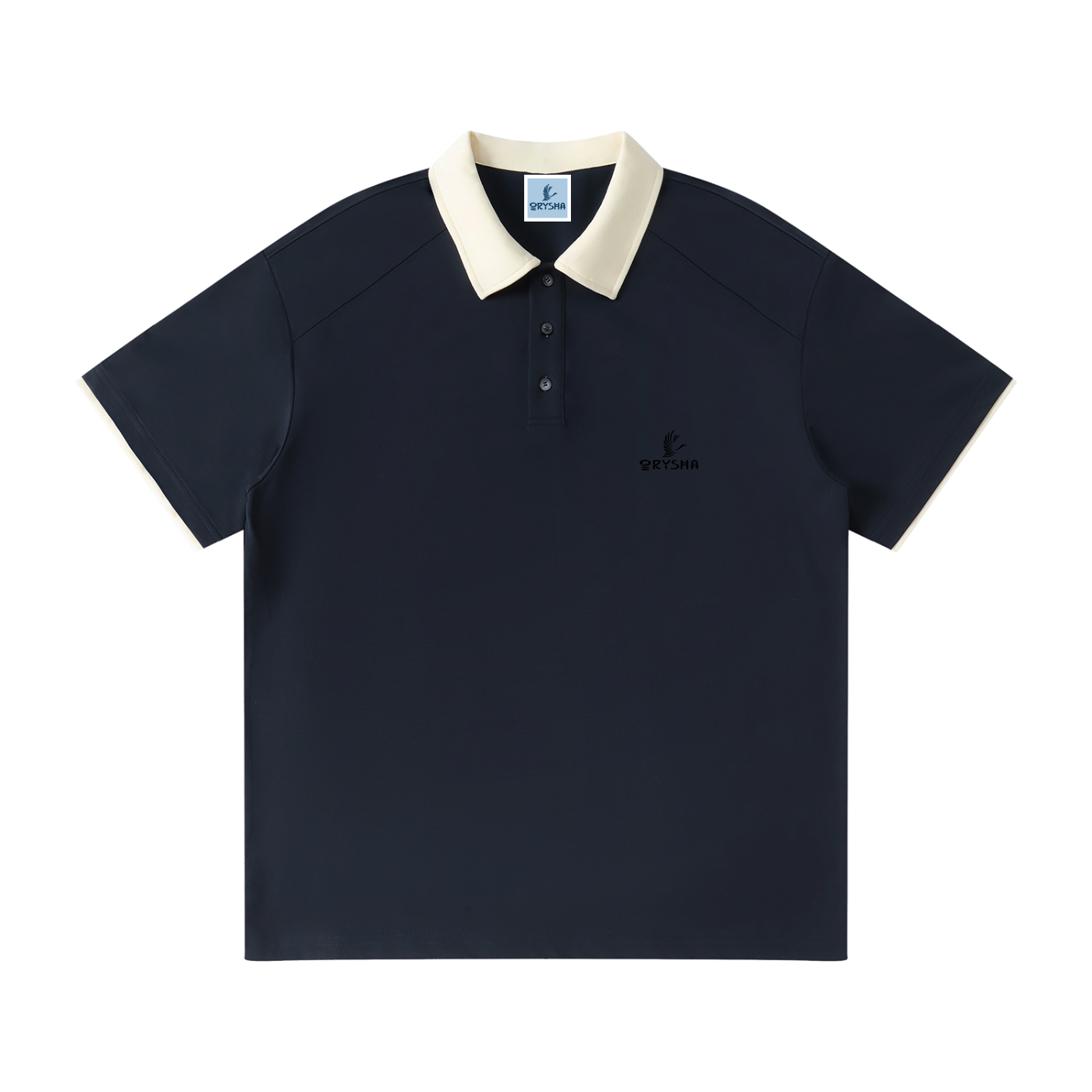 Navy polo shirt with white collar on a white background