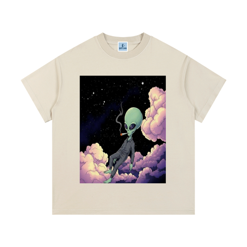 Men’s vintage wash cotton t-shirt with alien graphic sitting on clouds surreal streetwear design