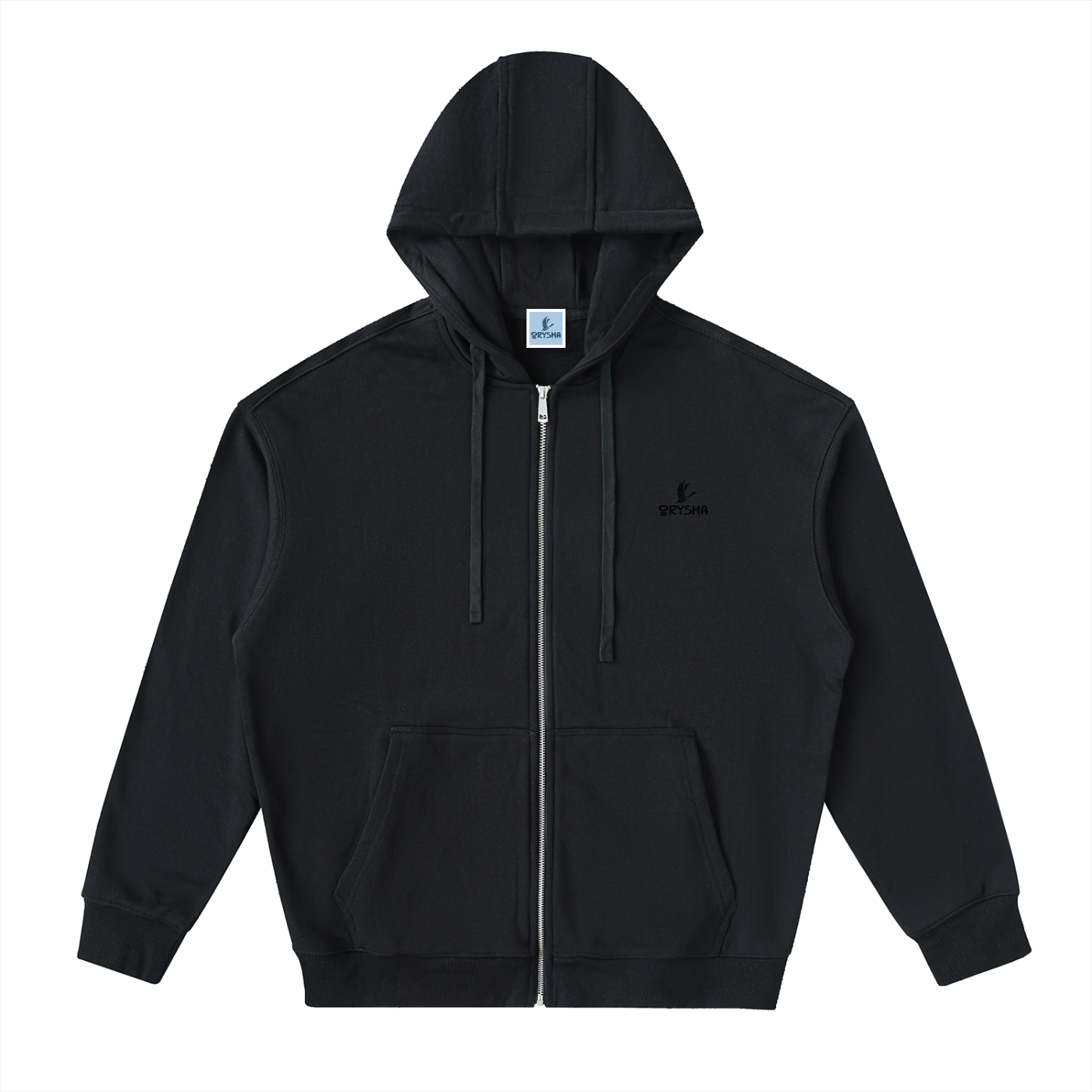 Black hoodie with a small logo on a white background