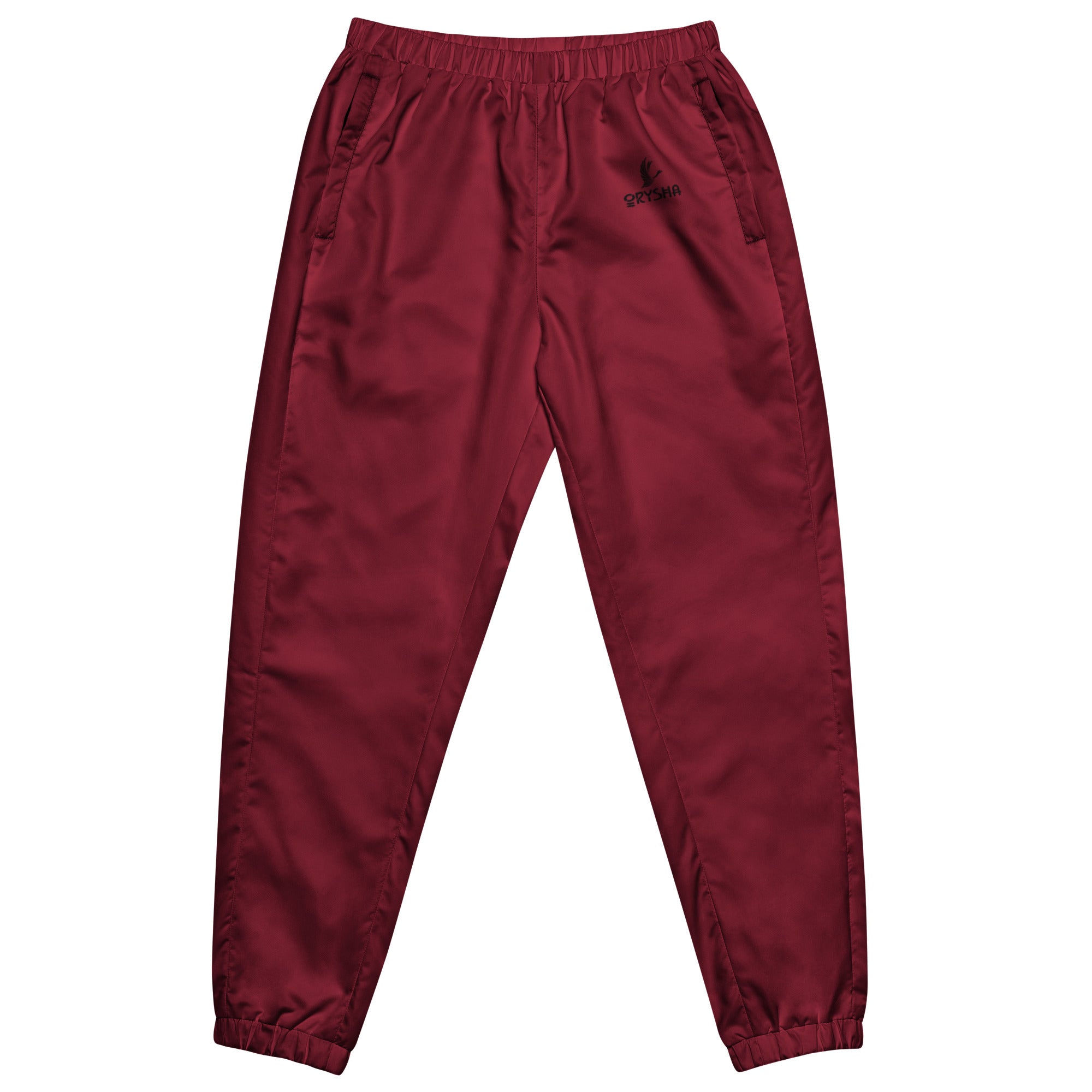 men’s burgundy water-resistant track pants with relaxed fit and mesh lining