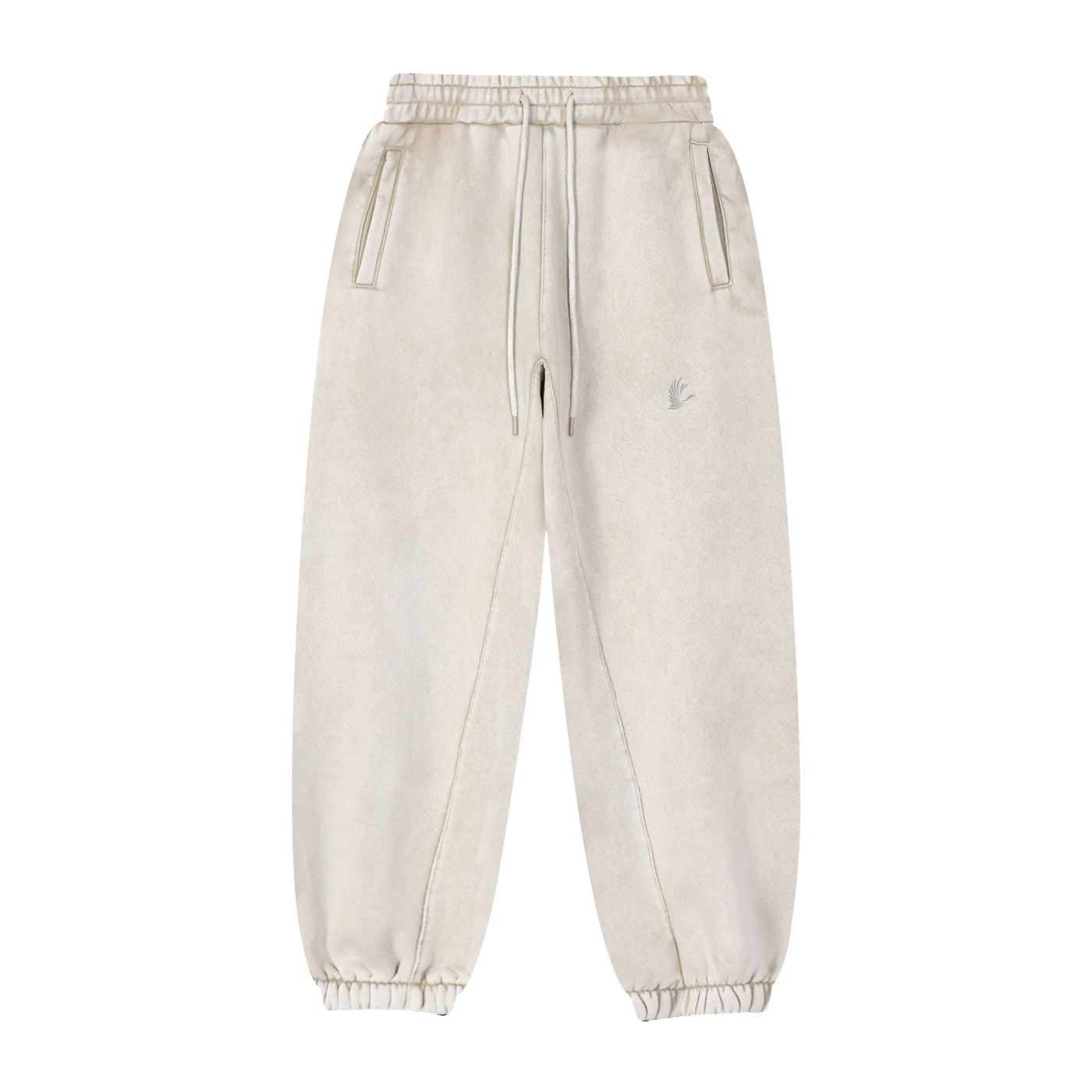 Beige sweatpants with a small logo on a white background