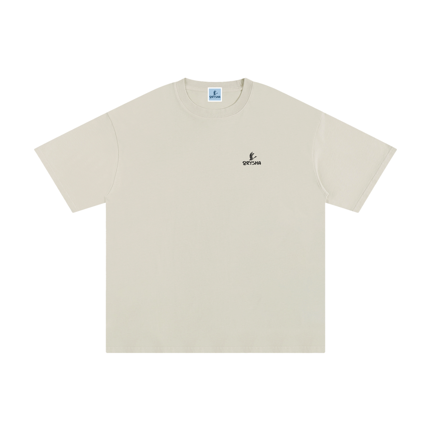 Beige t-shirt with a small logo on a white background