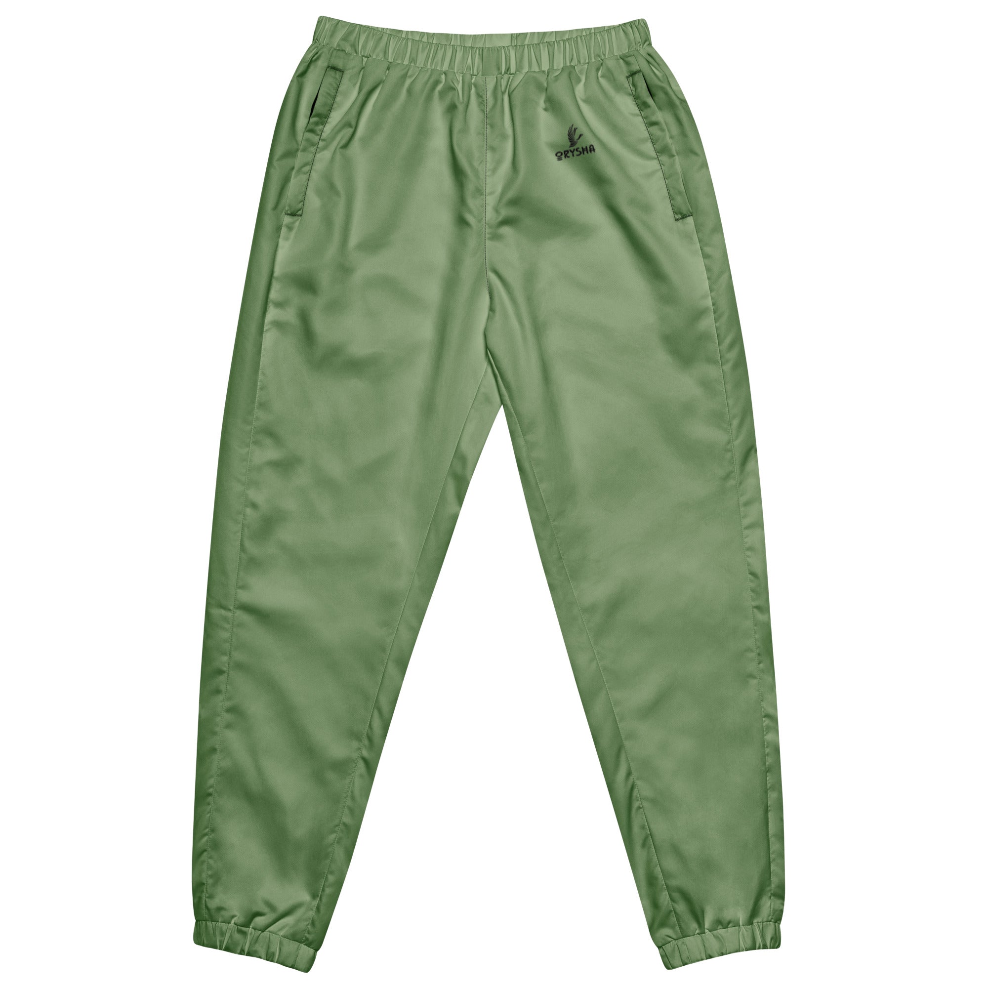 men’s sage green water-resistant track pants with relaxed fit and mesh lining