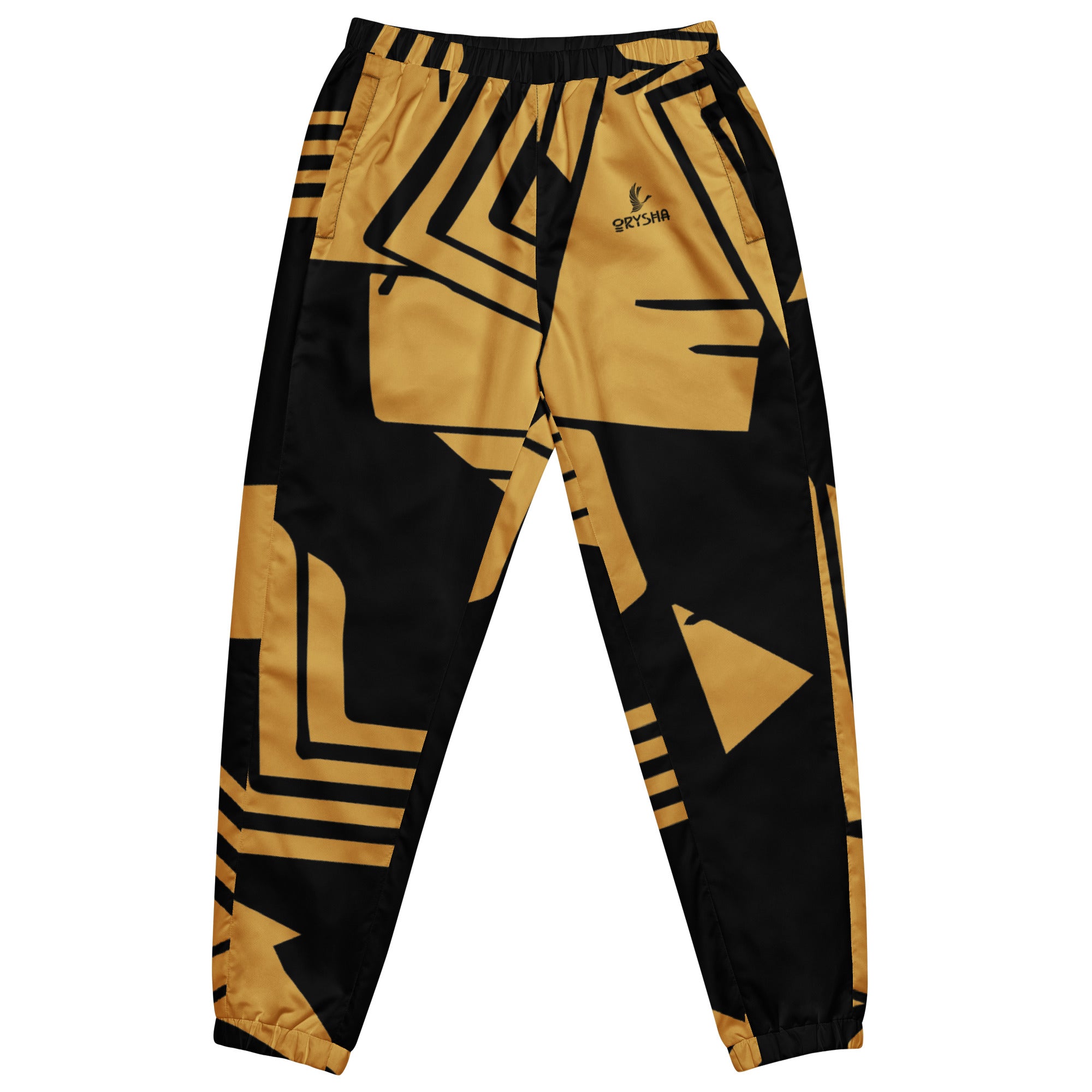 Orysha “Geo Flux” men’s track pants in black and gold geometric pattern, moisture-wicking activewear with mesh pockets.
