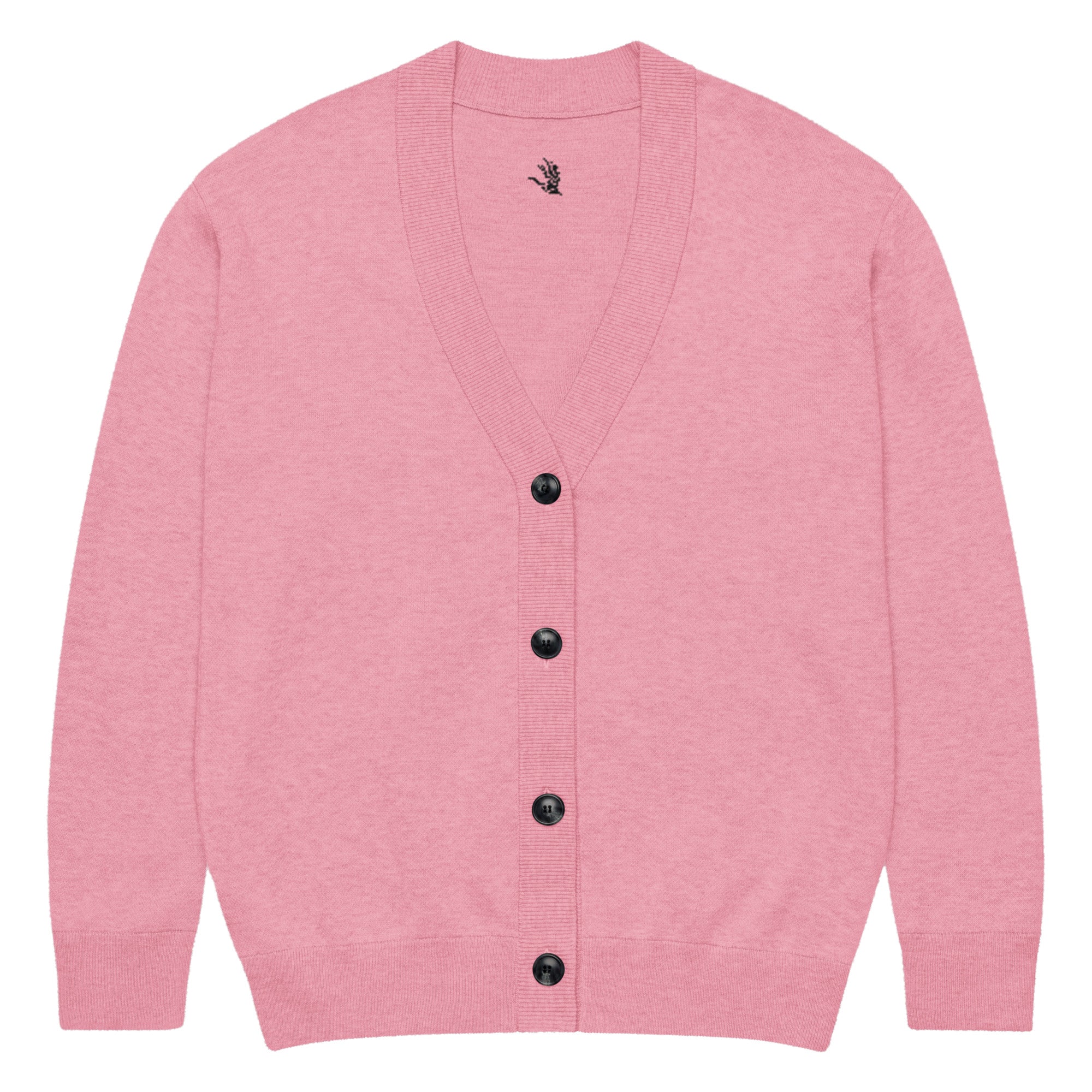 Men’s hot pink jacquard knit cardigan with button closure and ribbed trim styled for contemporary streetwear