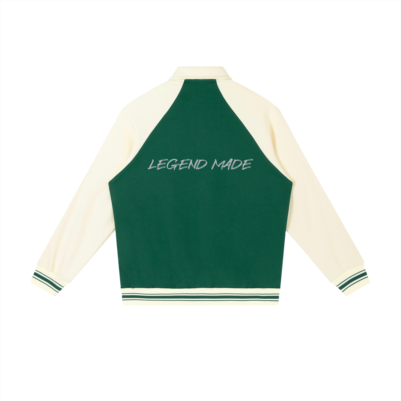Two-tone baseball jacket with contrast raglan sleeves and “Legend Made” text on back