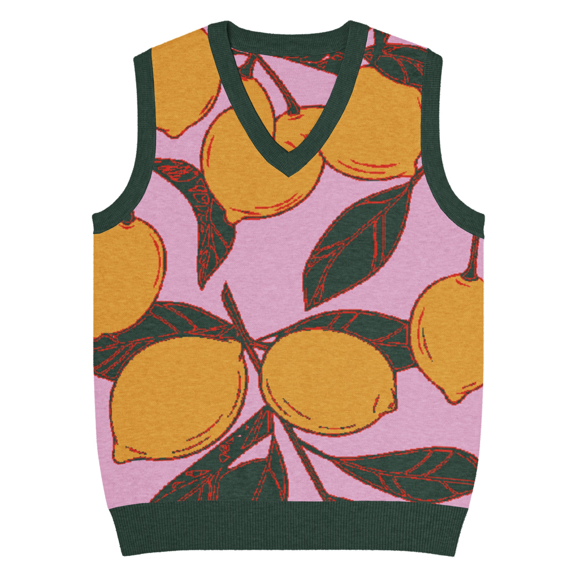 Knit V-neck vest with lemon pattern, pink base, and dark green trim