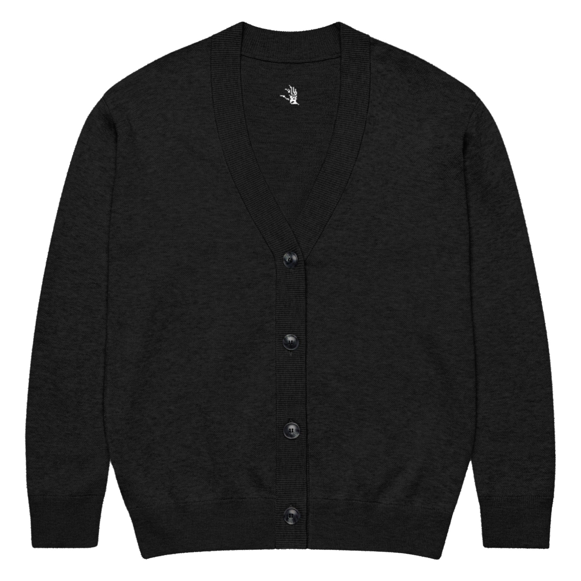 black knitted cardigan with button front, ribbed trim, and soft jacquard texture for minimalist streetwear styling