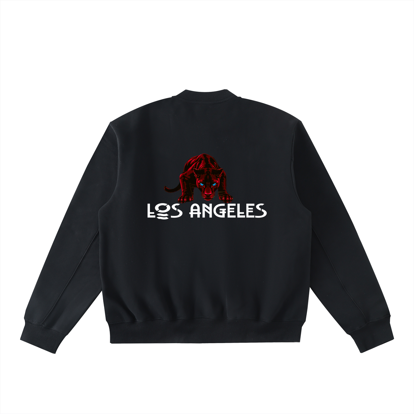 Black varsity jacket with red panther graphic and Los Angeles text on back