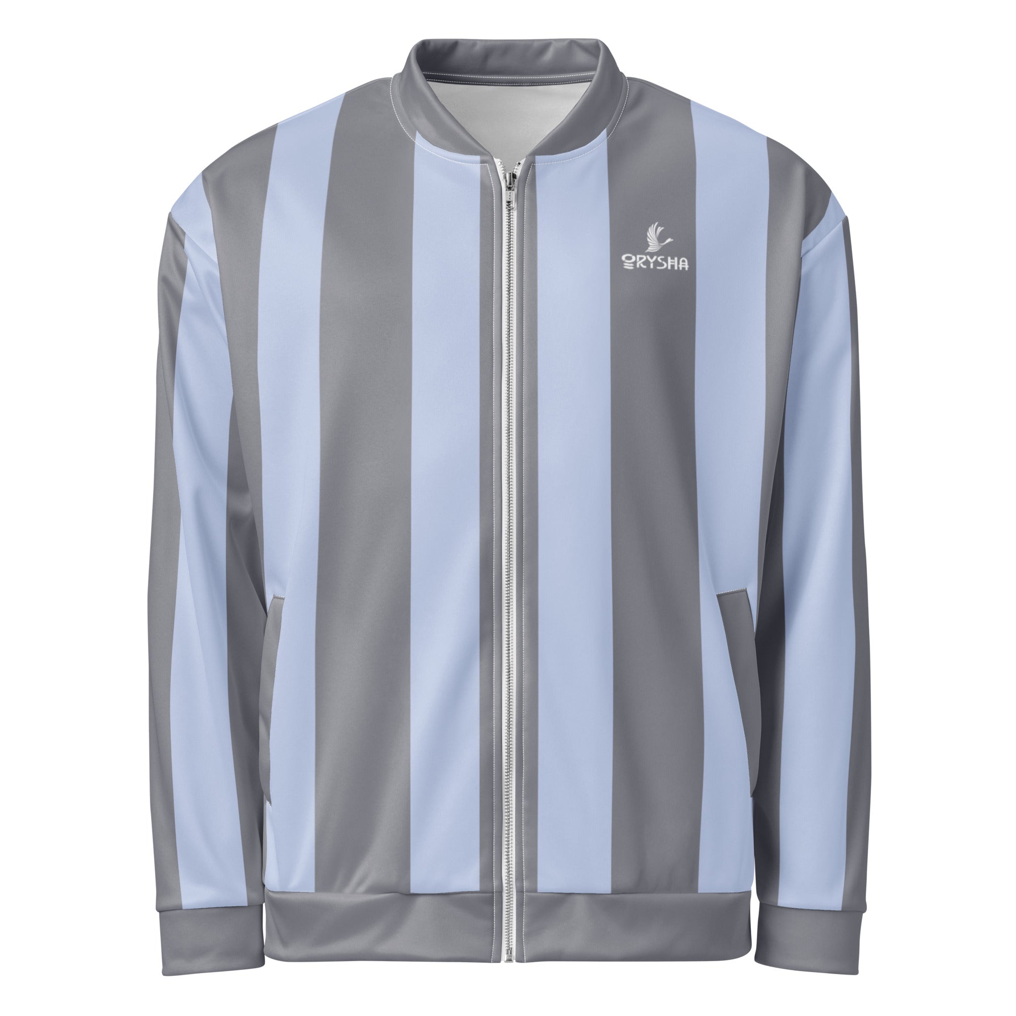 Light blue and gray Orysha Nimbus Bomber Jacket with white zipper and minimalist design.