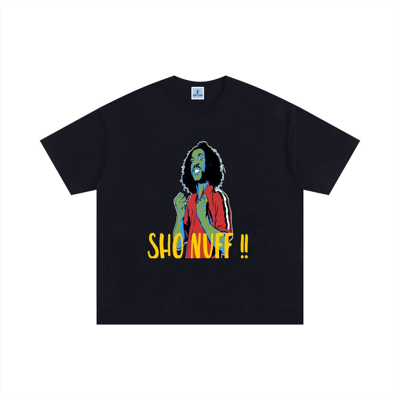 Black t-shirt with a colorful graphic and text on a white background
