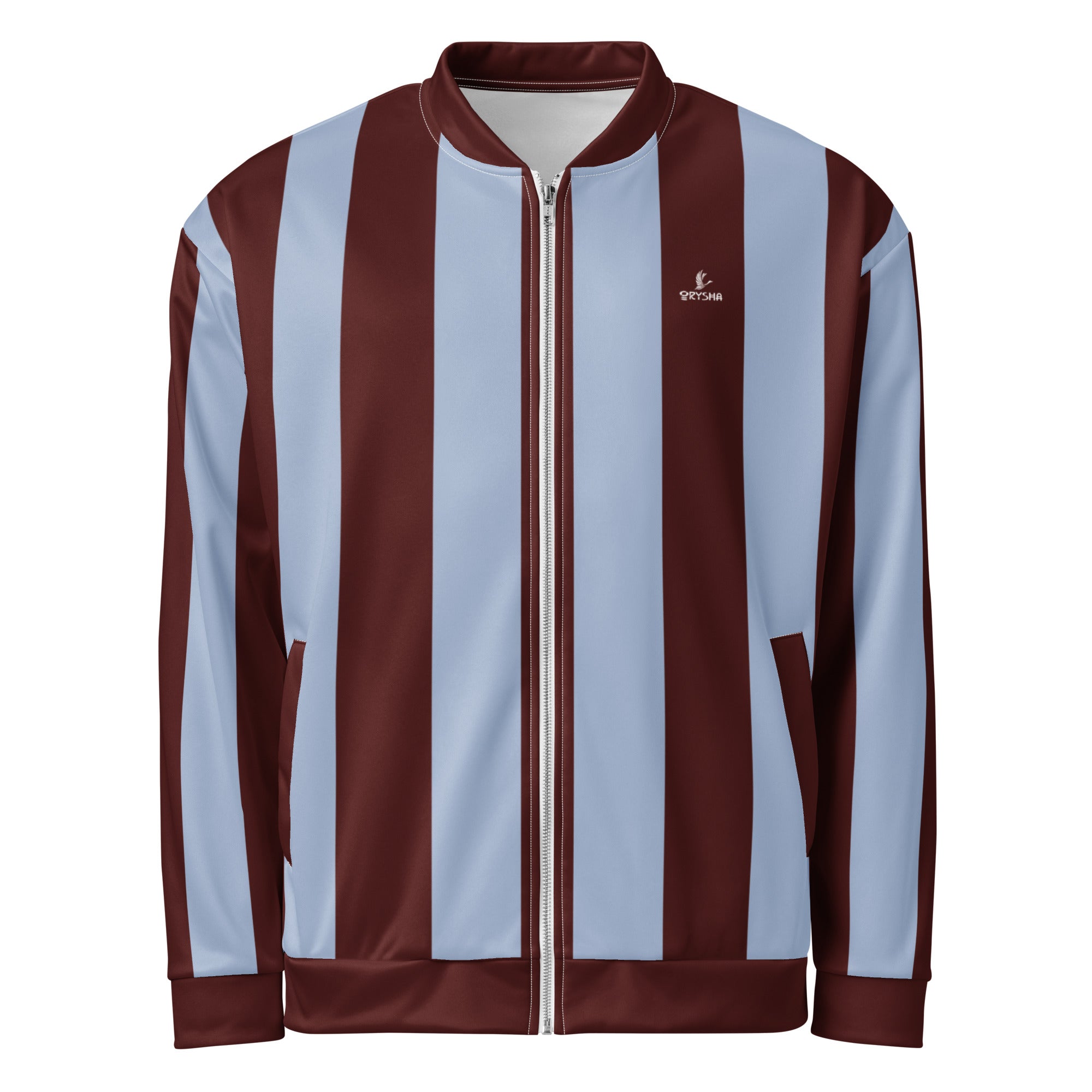 Men’s striped skyline bomber jacket with red and light blue vertical design and full zip