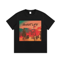 Black t-shirt with 'Sweet Life' graphic design featuring palm trees and a basketball hoop.