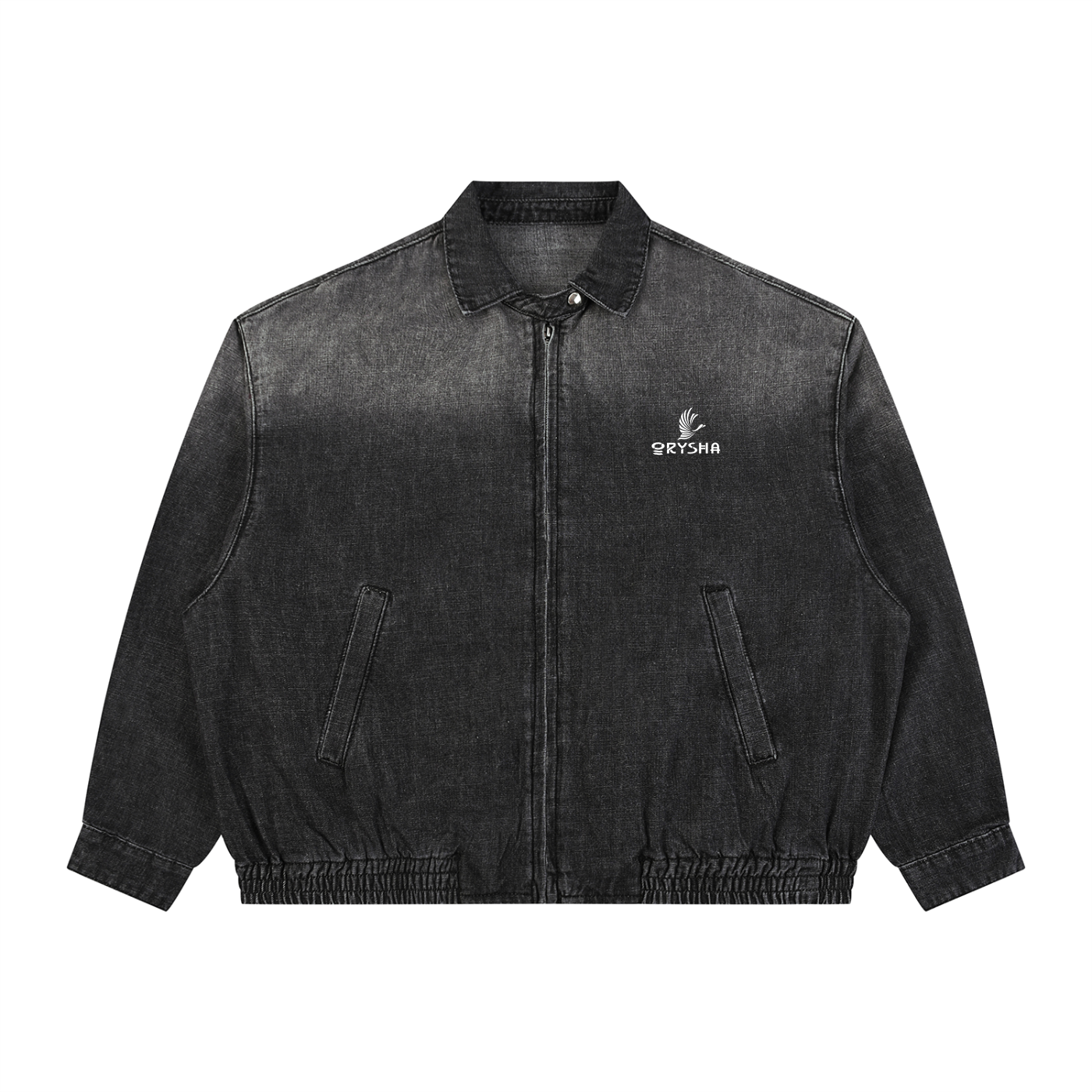 Black jacket with a brand logo on a white background