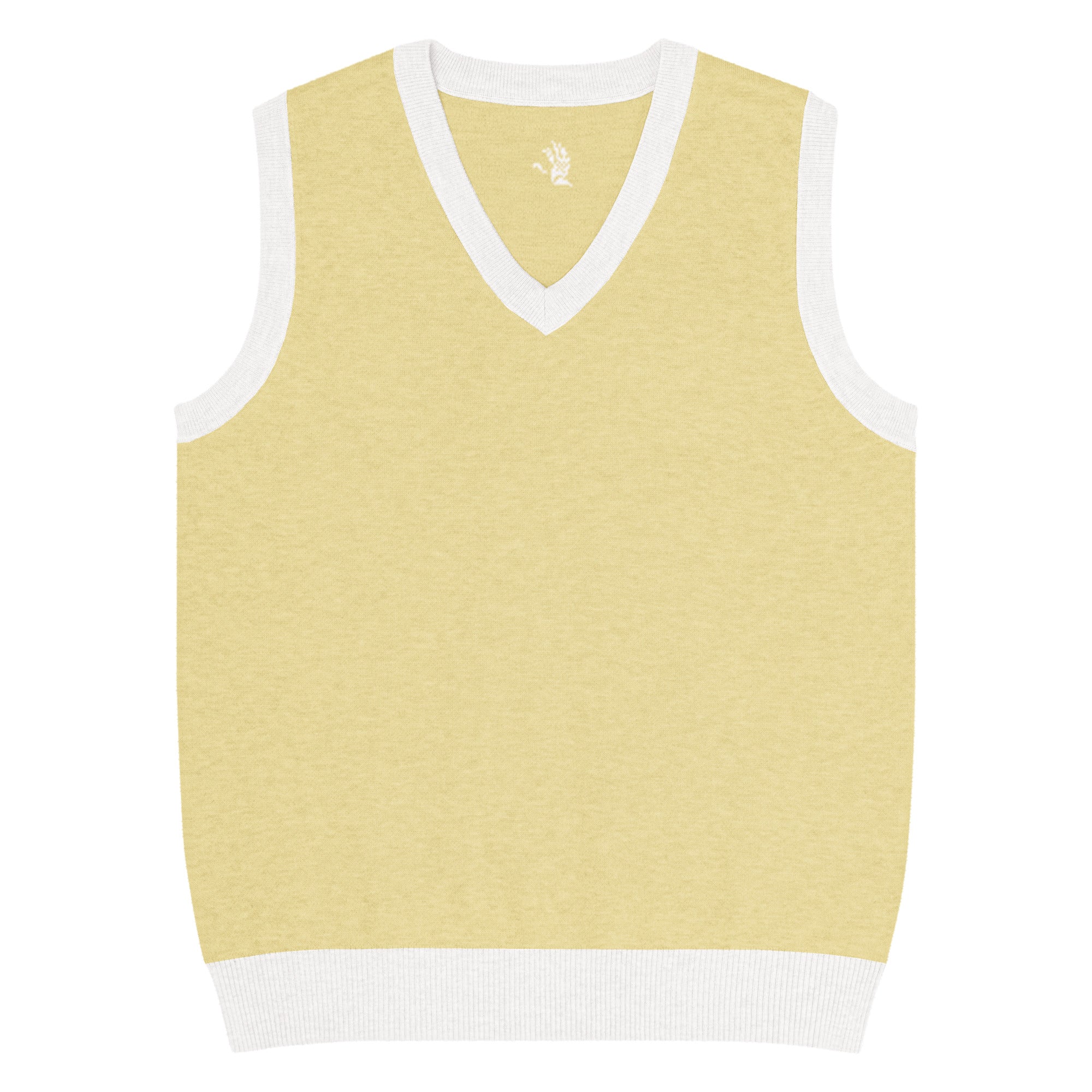 Yellow sweater vest with white trim on a white background