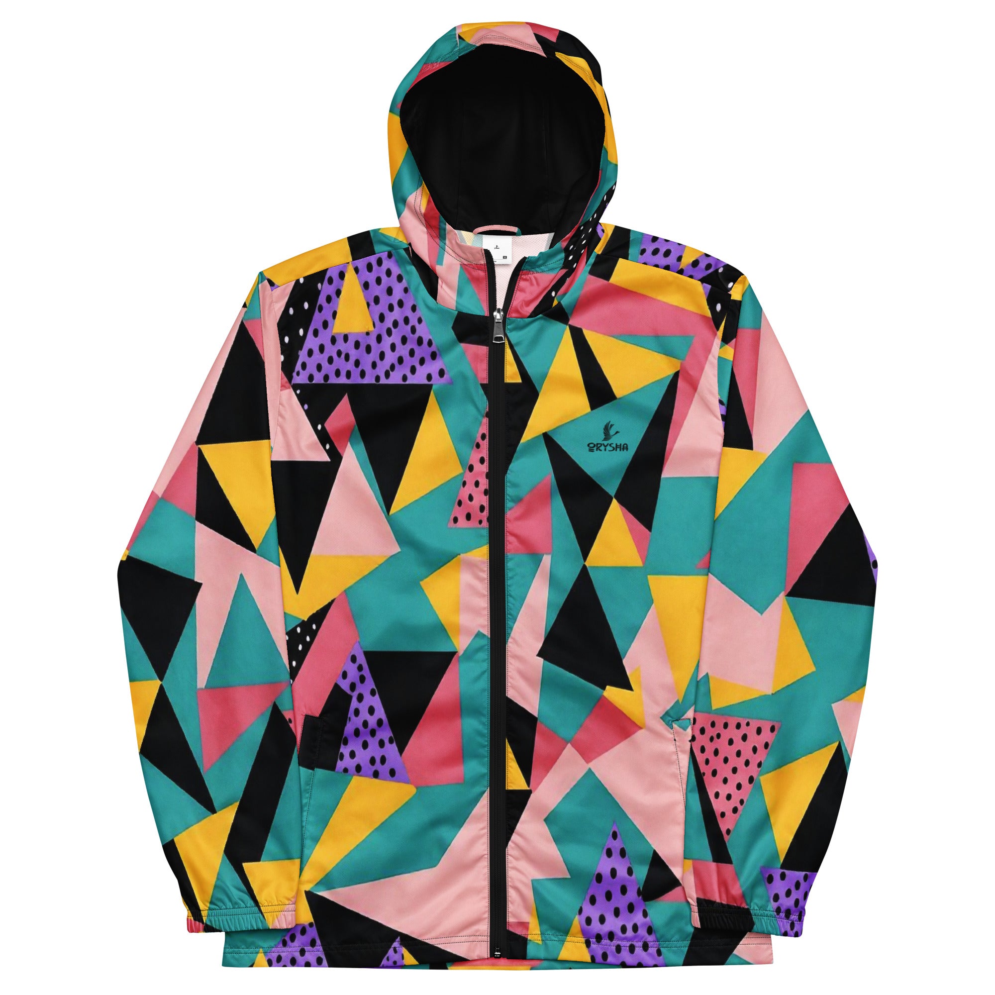 Men’s geometric patterned windbreaker with hood and zip front
