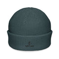 Blue ribbed knit Orysha Fisherman Beanie with embroidered logo on front, folded cuff design.