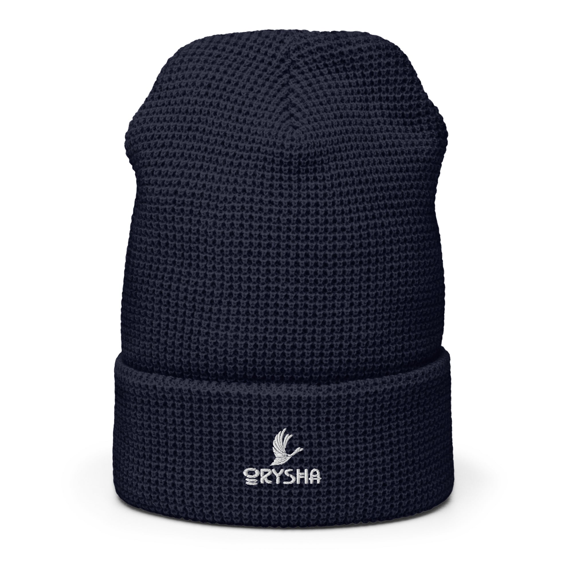 Orysha embroidered waffle beanie with honeycomb knit texture and adjustable cuff/