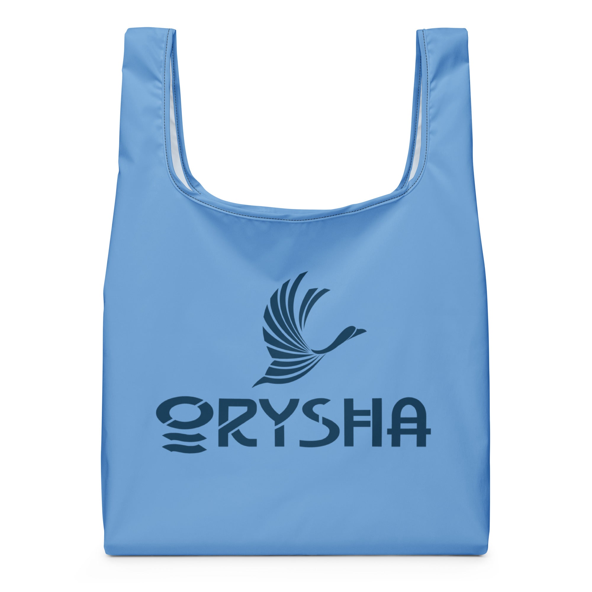 Orysha blue reusable shopping bag with crane logo – lightweight eco-friendly tote
