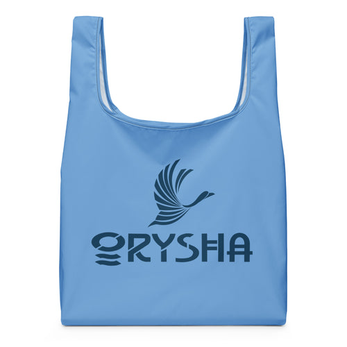 Orysha blue reusable shopping bag with crane logo – lightweight eco-friendly tote