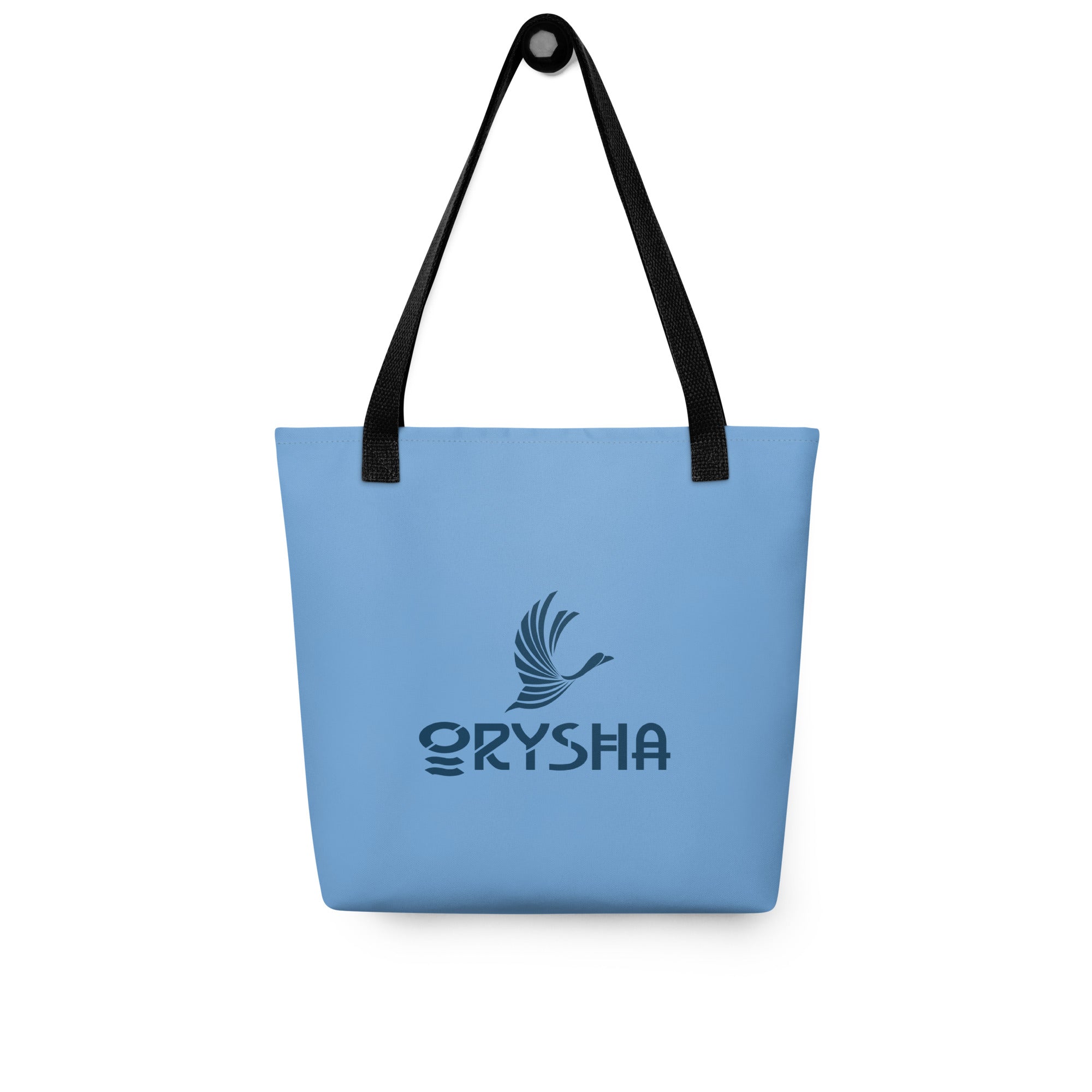 Orysha blue tote bag with black handles Orysha logo on front.