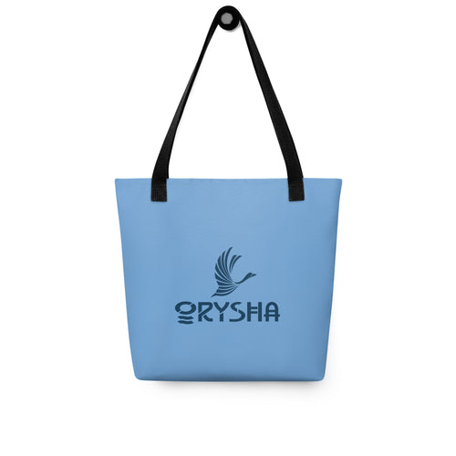 Orysha blue tote bag with black handles Orysha logo on front.