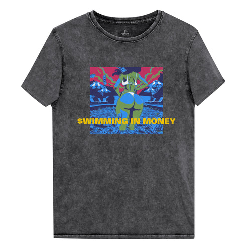Swimming in Money washed denim-style tee by Orysha — 100% cotton pop-art design featuring neon money imagery and bold typography.