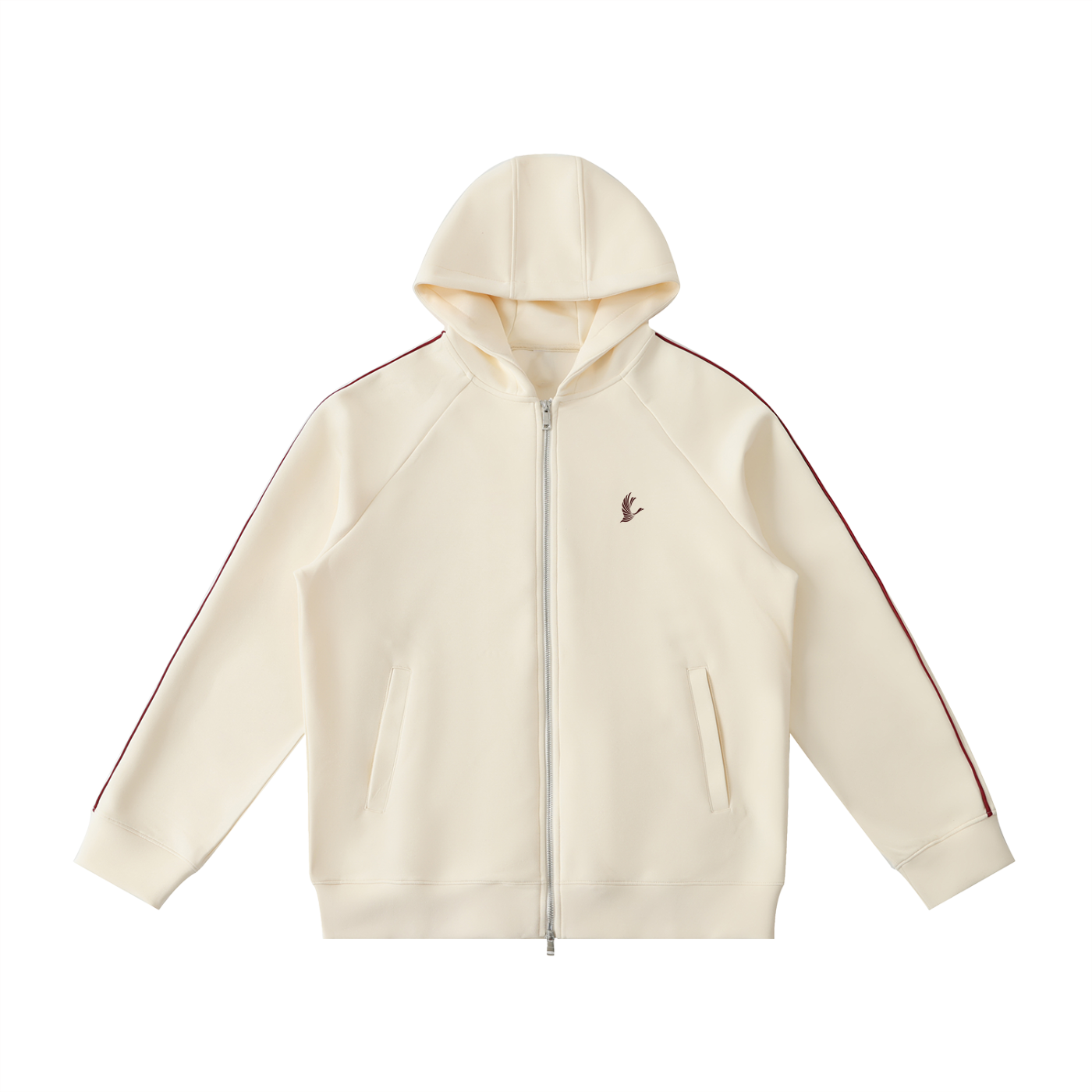 Beige hoodie with red stripes on sleeves on a white background
