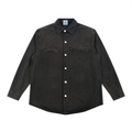 Black denim shirt with white buttons on a white background