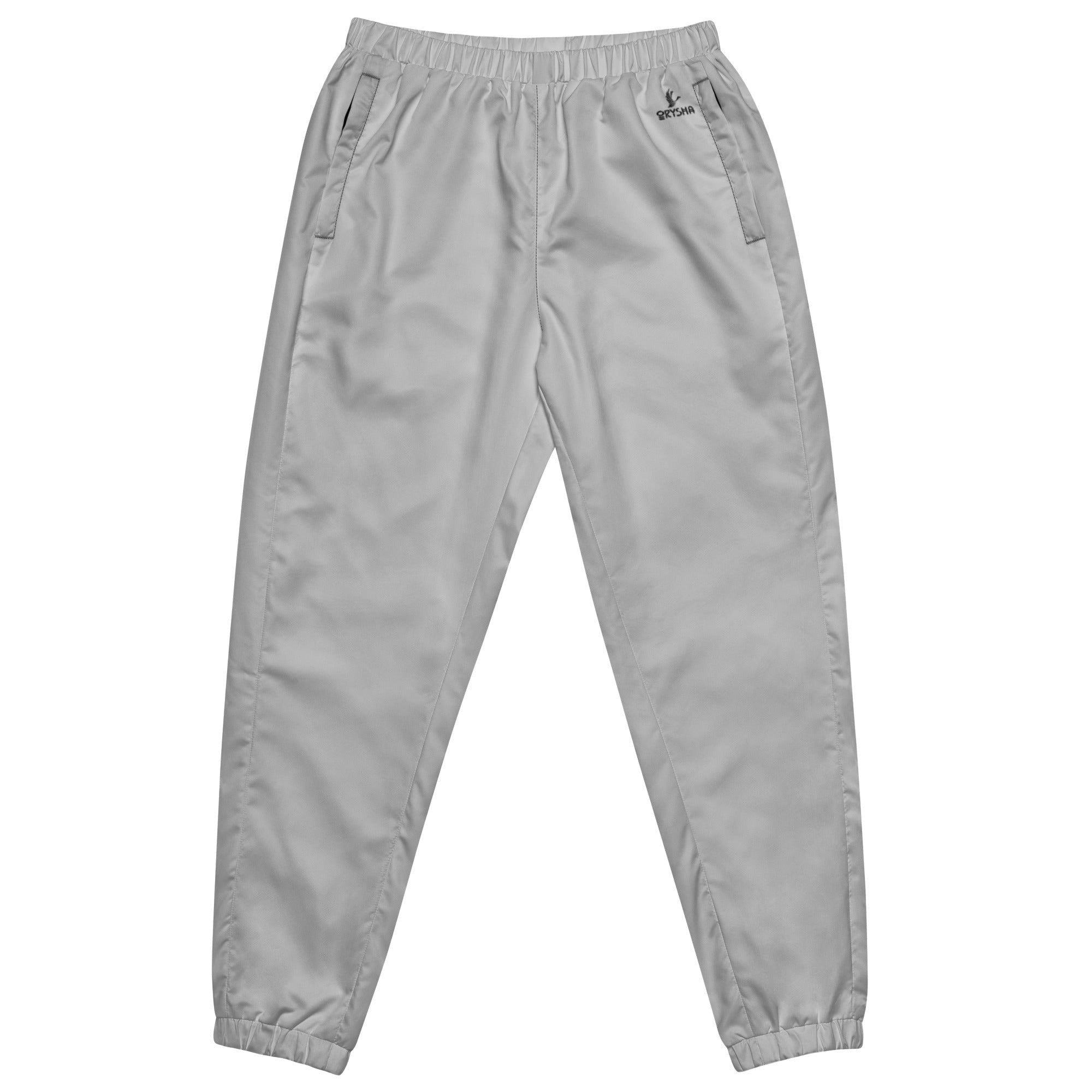 Orysha Gray Essential Track Pants with lightweight water-resistant fabric, breathable mesh lining, elastic cuffs, and zippered pockets.
