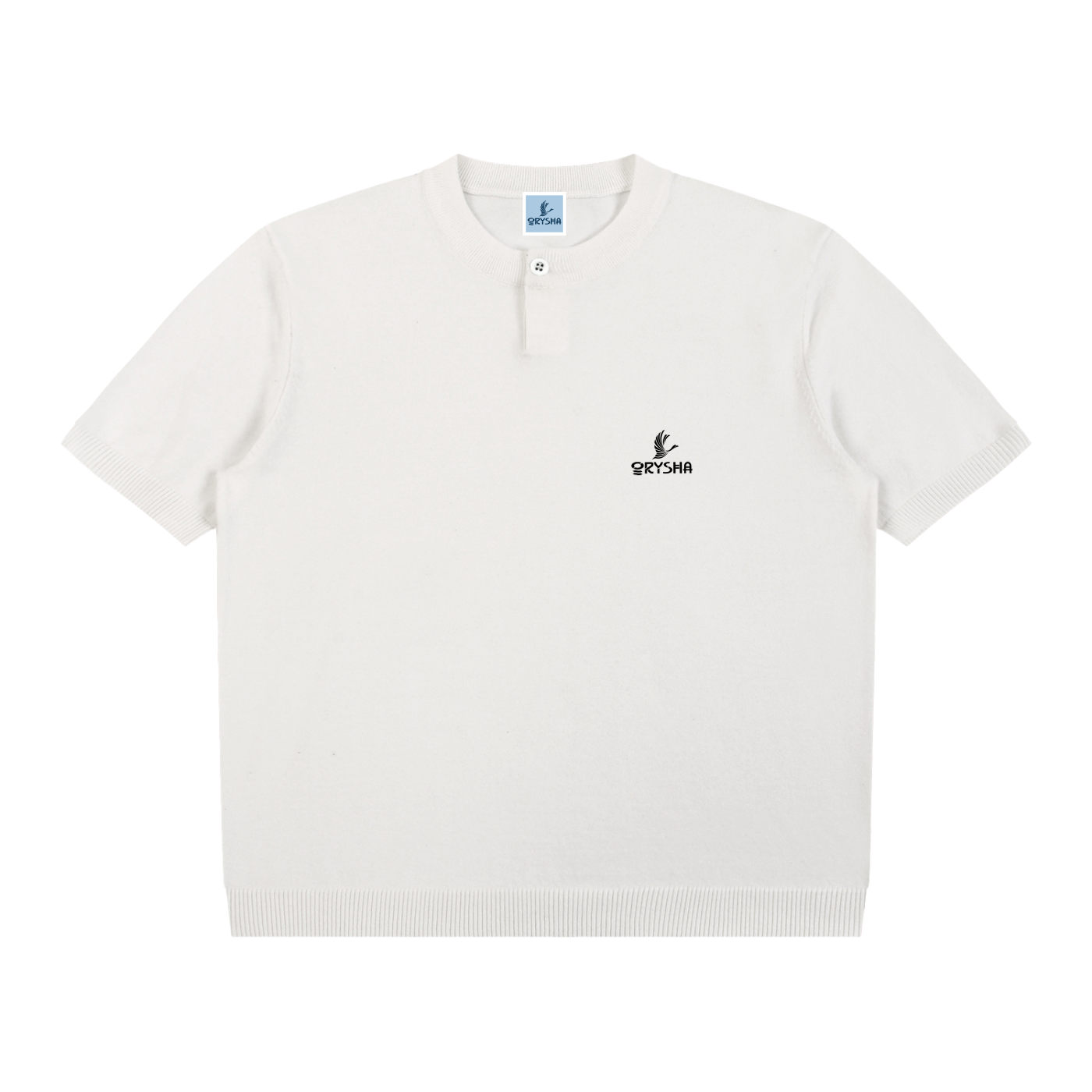 White t-shirt with a small logo on a white background