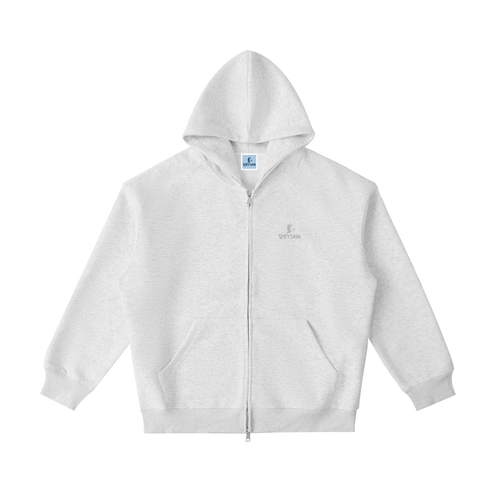 White hoodie with a brand logo on a white background