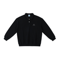 Black polo shirt with a logo on a white background