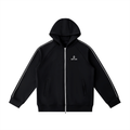 Black hoodie with white stripes on sleeves and logo on chest against a white background