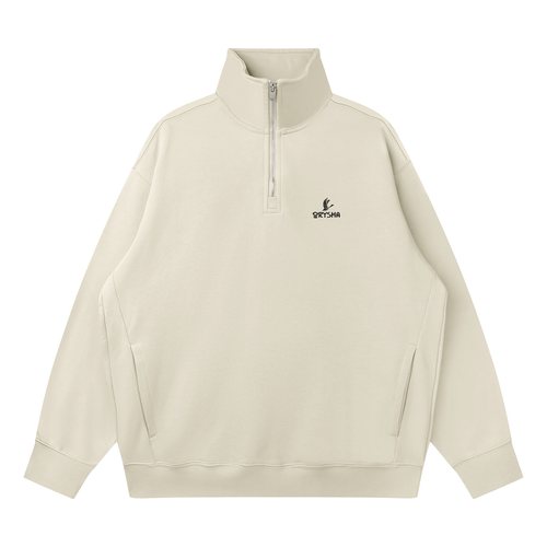 Beige half-zip sweatshirt with a brand logo on a white background