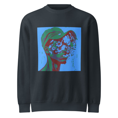 Orysha “Floral Mind” embroidered fleece crewneck sweatshirt with abstract face and floral head design.