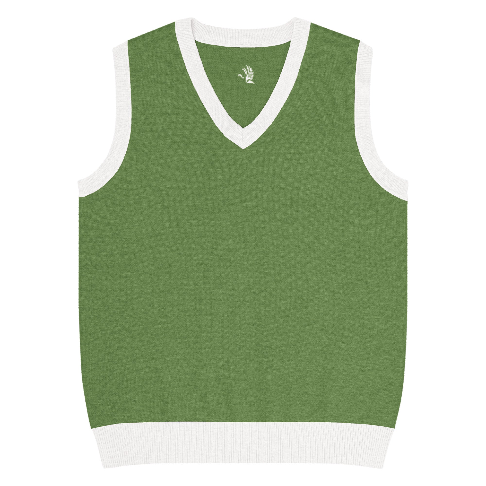 Green sleeveless shirt with white trim on a white background
