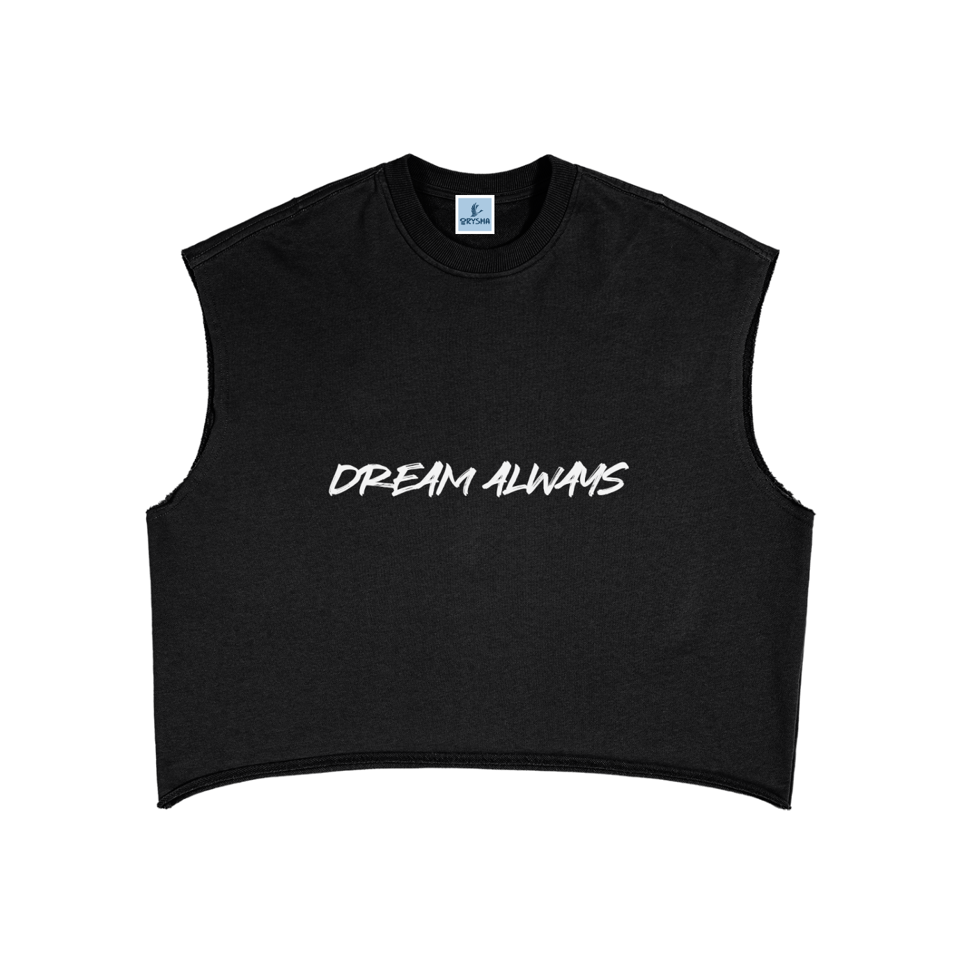 Black sleeveless shirt with 'DREM ALWAYS.' text on a white background