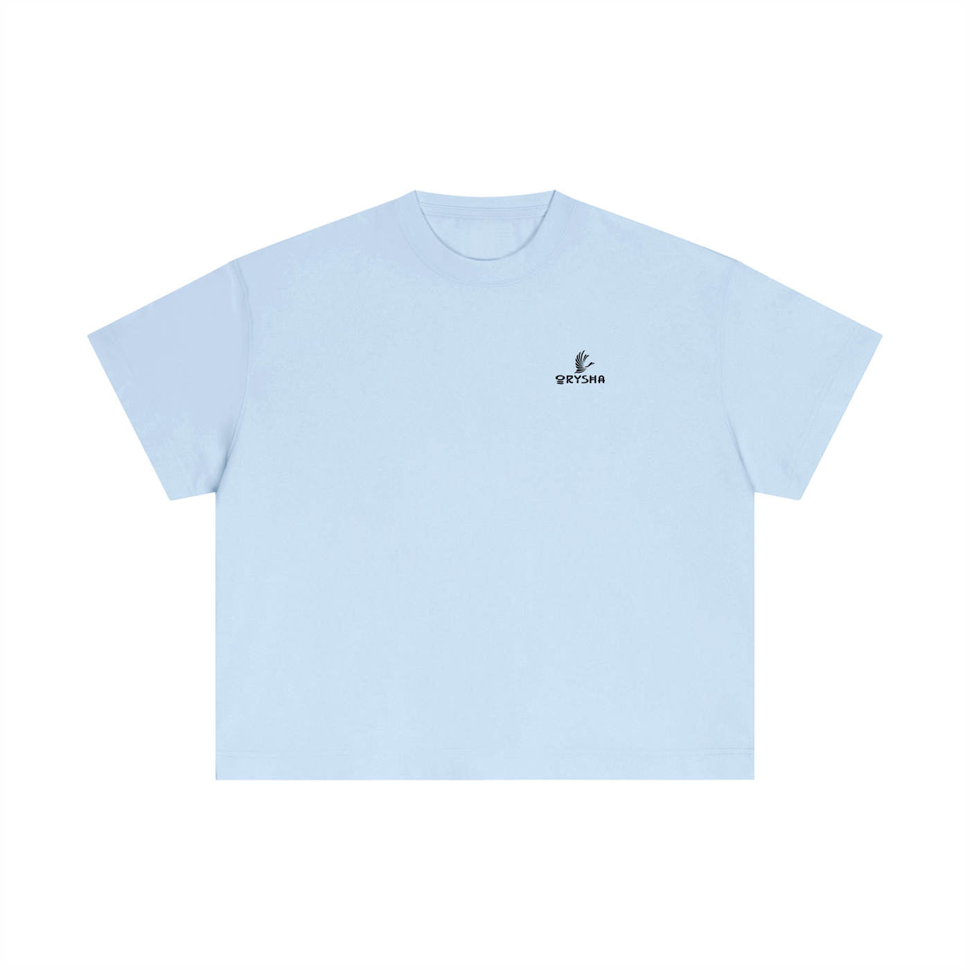 Light blue t-shirt with a small logo on a white background